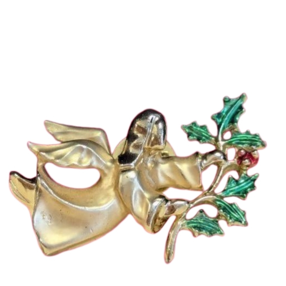 Gigi Giusti Angel brooch pin holly branch red berries, 2", Goldtone holiday
